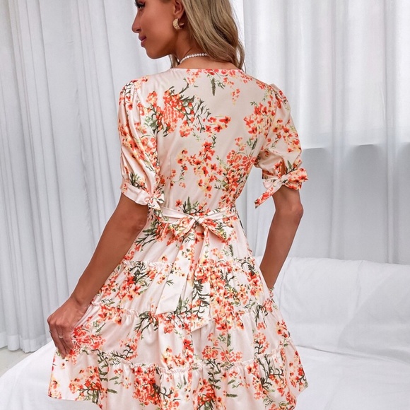 boho  Pink v Neck  floral puff sleeve ruffle Dress - Picture 6 of 12